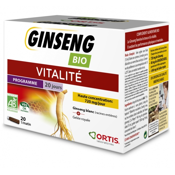 Phytothérapie Ginseng panax Bio sans alcool - 20 fioles Ortis